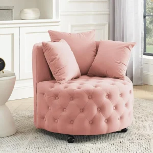 Swivel Barrel Accent Chair, 30” Modern Velvet Round Sofa Chair with 3 Pillows and Wheels, Comfy Tufted Club Lounge Chair 2