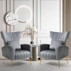 Living Room Chairs Set of 2 Modern Velvet Accent Chairs with Lumbar Pillow, High Back Armchair Arm Chair with Gold Metal Legs 1