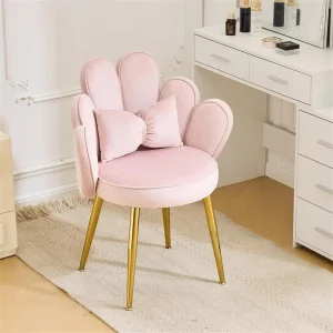 Petal Makeup Vanity Chair with Back,Flower Cute Girls Desk Chair Comfy No Wheels,Modern Dining Chair,Velvet,Pink 1