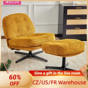 Redlife-Single Sofa with Ottoman, Swivel Chair, Corduroy Accent Chair, Tufted Upholstered, Lazy, Living Room, Bedroom, 360 ° 1