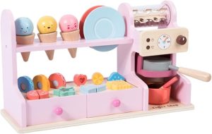 [2023.12.10][OTOYE]おままごとセット アイスクリーム屋さん 木製 コーヒーマシン 2in1 ごっこ遊び 台所 知育玩具 子供用おままごとセット 組立式 親子遊び 誕生日プレゼント 入園お祝い (ピンク) [並行輸入品]