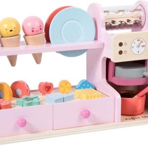 [2023.12.10][OTOYE]おままごとセット アイスクリーム屋さん 木製 コーヒーマシン 2in1 ごっこ遊び 台所 知育玩具 子供用おままごとセット 組立式 親子遊び 誕生日プレゼント 入園お祝い (ピンク) [並行輸入品]